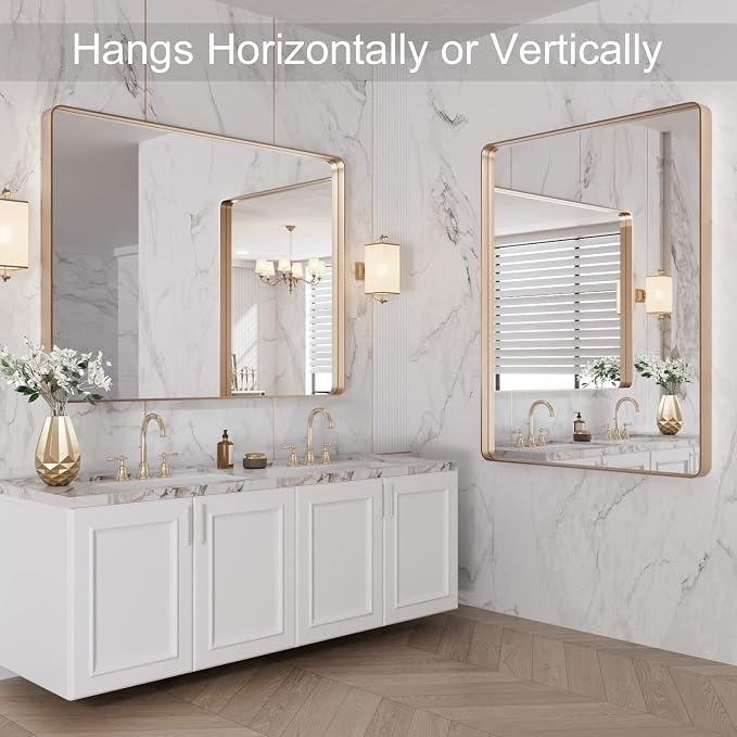LOAAO 40"X30" Gold Bathroom Mirror | Rounded Rectangle, Brushed Gold Frame, Wall-Mounted, Anti-Rust, Tempered Glass, Hangs Horizontally or Vertically