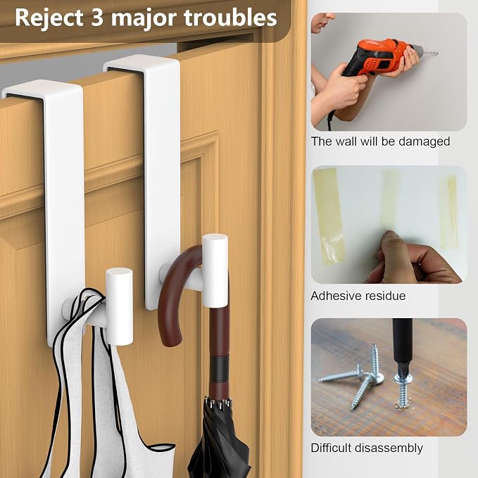 PMMASTO 2-Pack Over The Door Hooks - Rustproof Stainless Steel Door Hangers for 1-3/4 Inch Doors, Non-Marking and Tool-Free Easy Install (White, L Shape-Fits 1-3/4" Thick Door)