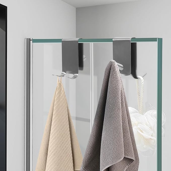4-PCS Over Shower Door Towel Hooks for Frameless Glass, Stainless Steel Double-Sided Non-Slip Towel Hooks for Towels, Razor, Robes,Bath Towels, Bathroom Glass Door Towel Holder (4, Silver)