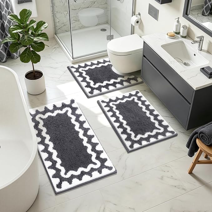 Findosom Bathroom Rugs Sets 5 Piece, Absorbent Soft Non-Slip Bath Rug Set | Washable Microfiber Shaggy Bath Mat Set with Bathroom Runner Rug, U-Shaped Toilet Rugs, Shower Rug&Toilet Lid Cover,Dark Gray