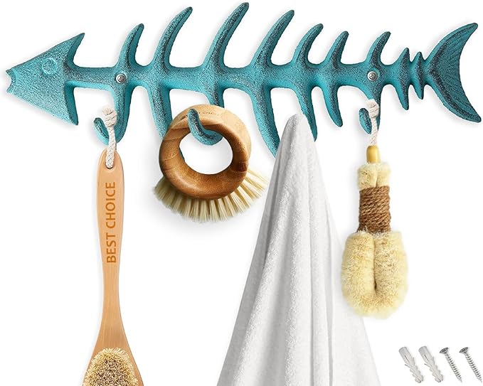 Comfify Blue Fish Bones Cast Iron Wall Hook Rack – 4 Hooks, Screws | Blue; fish bones cast iron; 9.05"L x 3.34"H; 4 hooks; screws & anchors included; coastal nautical decor