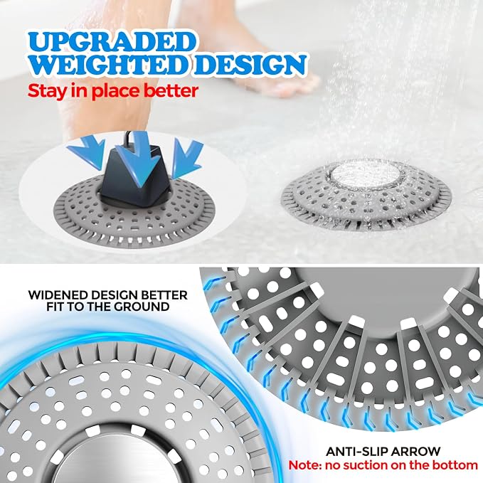 Shower Drain Hair Catcher Silicone Flat Floor Strainer Protector | 2 Pack Gray Weighted Flat Shower Drain Protectors, Traps Hair Before Clogs, Easy to Clean in Seconds, Fits Flat Floor Drains