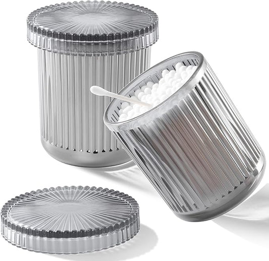 rejomiik Glass Qtip Holder Dispenser 2 Pack, Bathroom Canister Apothecary Jars with Lids, Vanity Makeup Accessories Storage Organizer for Cotton Swabs, Cotton Balls, Pads, Floss Picks, Gray