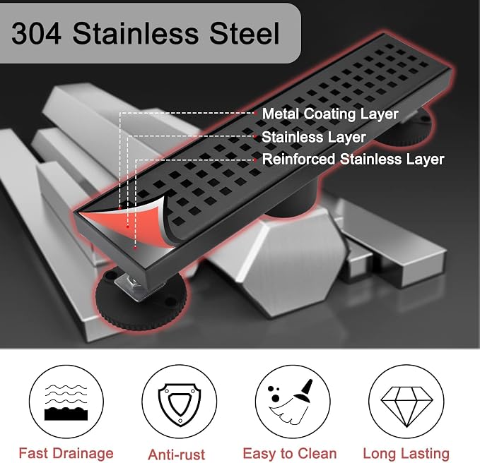 12 Inch Linear Shower Drain with Accessories, Rectangular Floor Drain 304 Stainless Steel Quadrato Pattern Removable Cover Matte Black