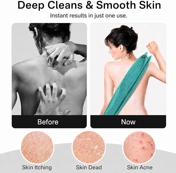 Exfoliating Washcloth Towel with Handle, Back Scrubber for Shower, Exfoliating Body Scrubber Exfoliator, Japanese Wash Cloth for Body Scrub, Bath Sponge Loofah Luffa Washer Exfoliator