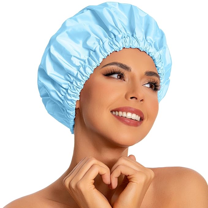 Edoneery Shower Caps for Women Reusable Waterproof, Shower Hair Cap | Washable Bonnet, Wide Elastic Band, Large Fit, Holds Long Hair, Braids Friendly, Bath Accessories, Spa, Travel