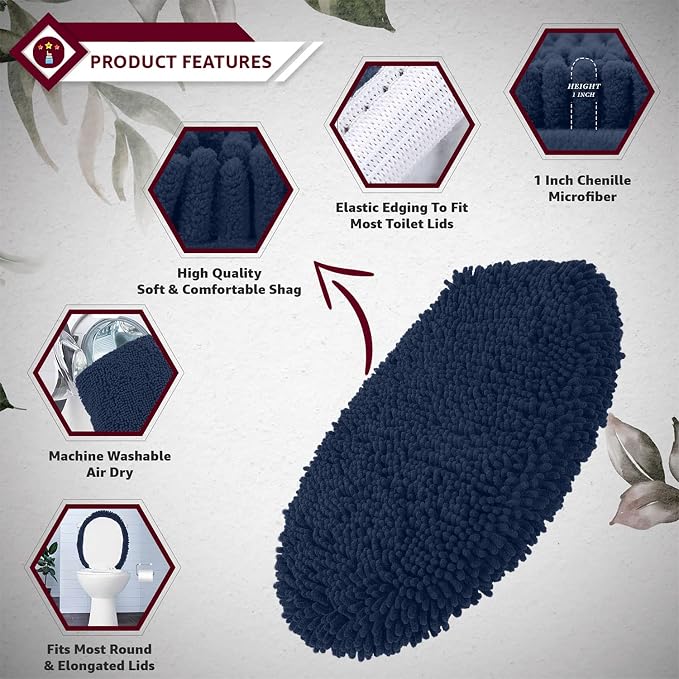 LuxUrux Toilet Lid Cover with Stretch Fit Elastic Band – Chenille Microfiber Toilet Seat Non-Slip Cover for Bathroom – Soft Plush, Machine Wash And Dry, Comfort & Clean Look (18x18'', Navy)