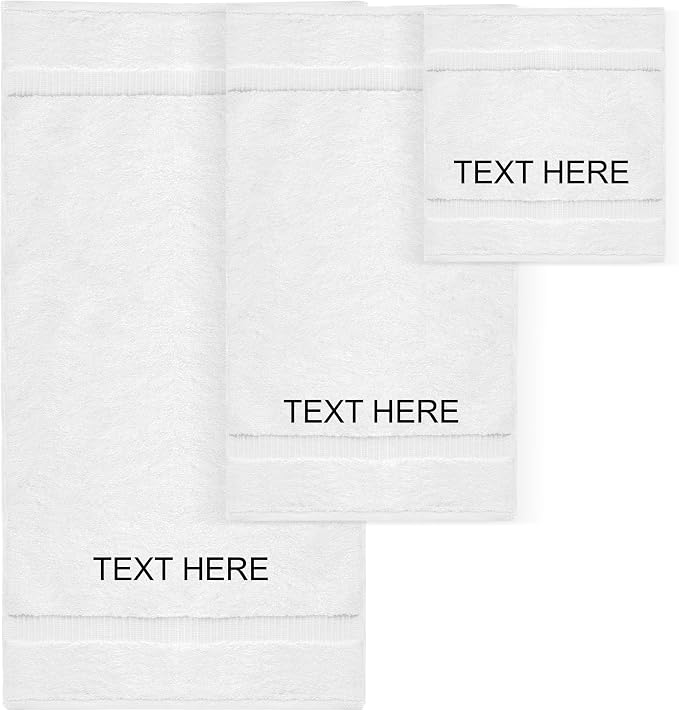 Chakir Turkish Linens 100% Cotton Personalized 3-Piece Set, White | Personalized 100% cotton 3-pc set, OEKO-TEX certified: bath 27x54, hand 16x30, wash 13x13