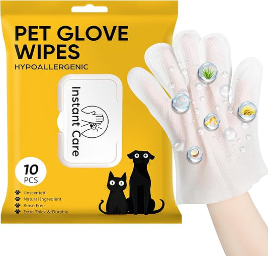Pet Glove Wipes for Dogs & Cats, Hypoallergenic Large Size 9 x 9.8 inch | 10PCS, Unscent, No Rinse, Cleaning Wipes, Bath Gloves for Grooming, Paws, Face, Ears, Fur and Butt