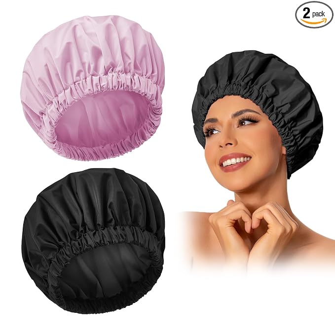 Edoneery Shower Caps for Women Reusable Waterproof, Shower Hair Cap | Washable Bonnet, Wide Elastic Band, Large Fit, Holds Long Hair, Braids Friendly, Bath Accessories, Spa, Travel