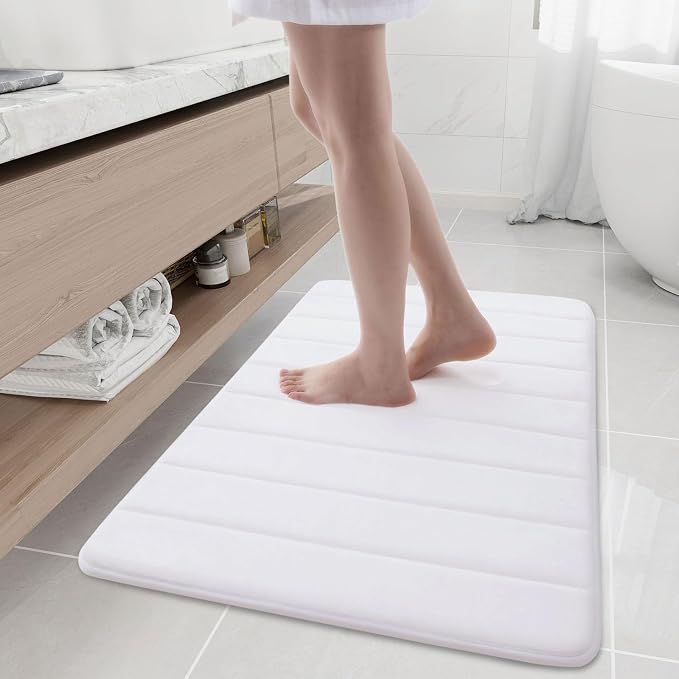 Buganda Memory Foam Bath Mat 35 x 24, Ultra Soft Absorbent Bathroom Rugs | White, Machine Washable Quick Dry Bath Mats for Bathroom Floor, Shower and Tub, Home Decor Accessories