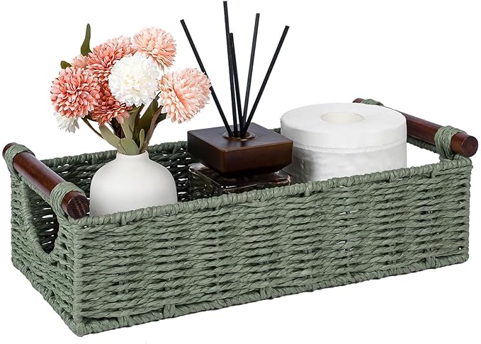 CubesLand Wicker Toilet Storage Basket Tray Organizer W/Cut Out Handle, Slim Decorative Basket for Countertop, Shelves And for Versatile Home Decor, Living Room, Nursery Organization, Green