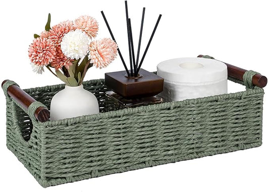 CubesLand Wicker Toilet Storage Basket Tray Organizer W/Cut Out Handle, Slim Decorative Basket for Countertop, Shelves And for Versatile Home Decor, Living Room, Nursery Organization, Green