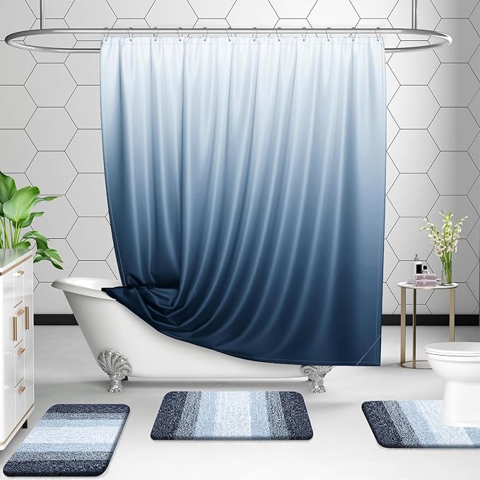 OLANLY Microfiber Bathroom Rugs Sets 3 Piece, 30"x20"+24"x16"+24"x20" | Dark Blue, Soft Absorbent Bath Mats and U-Shaped Contour Toilet Rug, Machine Wash Dry, Plush Shaggy Bath Mat Set for Bathroom
