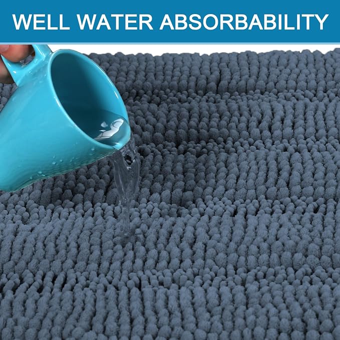 H.VERSAILTEX Bath Mats for Bathroom Non Slip Thick Chenille Striped Bath Rug Absorbent Fluffy Soft Shaggy Rugs Washable Dry Fast Plush Mats for Indoor, Bath Room, Tub - 17" x 24", Blue Indigo