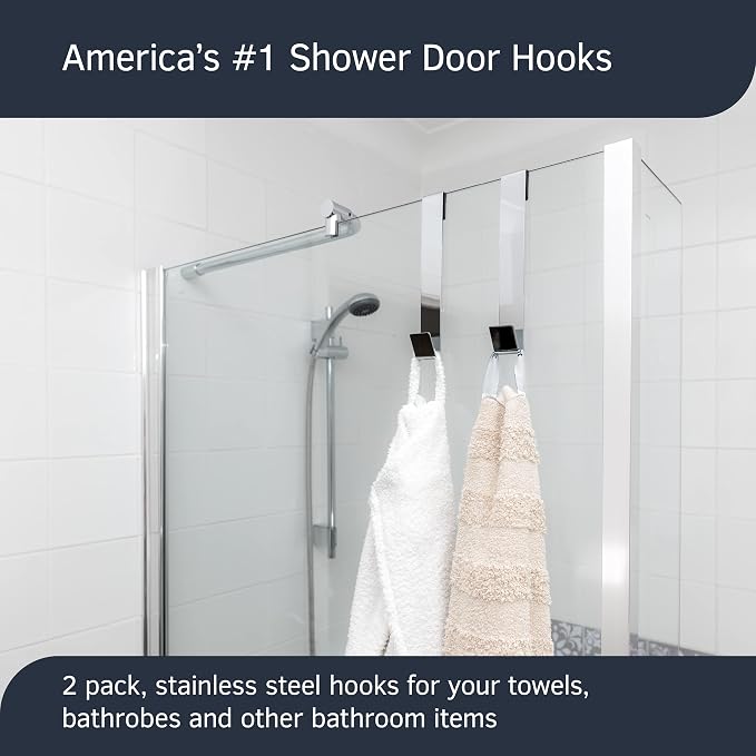 8" Shower Hooks, Chrome, 2 Pack - Shower Towel & Door Hook for Frameless Glass Door