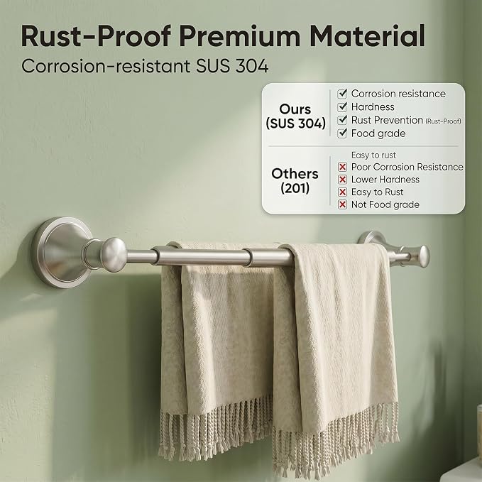 BESy Adjustable 16 to 26 Inch Bath Towel Bar Rack for Bathroom Towel Holder, Wall Mounted Towel Bar Rod Hanger Bathroom Hardware Accessories Hotel Style, Stainless Steel, Brushed Nickel