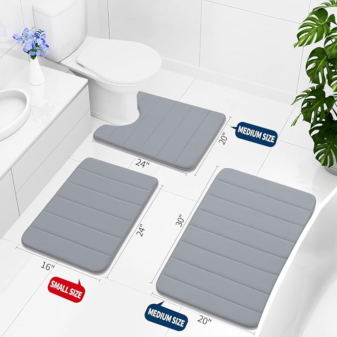Buganda Memory Foam Bath Mat 24 x 16, Ultra Soft Absorbent Bathroom Rugs | Medium Grey, Machine Washable Quick Dry Bath Mats for Bathroom Floor, Shower and Tub, Home Decor Accessories