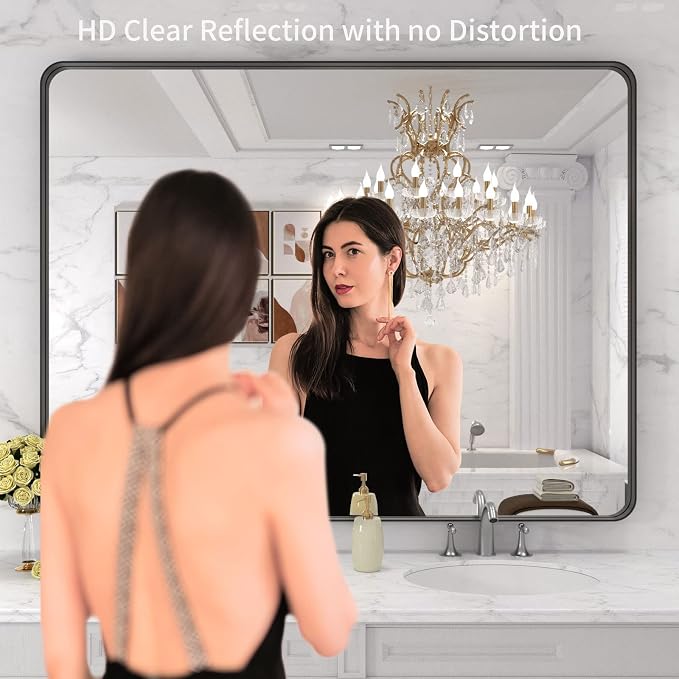 LOAAO 48x36 Inch Black Bathroom Mirror Metal Framed | Matte Black, Rounded Rectangle, Anti-Rust, Tempered Glass, Hangs Horizontally or Vertically