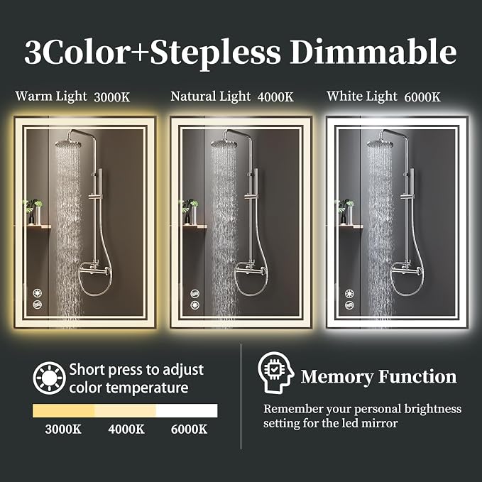 28 x 36'' Bathroom Mirror with Lights, Anti-Fog, Fogless | Dimmable 3 Colors Bathroom Mirror, Touch Sensor, Smart Vanity Mirror, Switch/Plug in Wall Mounted, Horizontal/Vertical