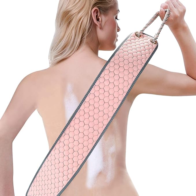 38 Inch Exfoliating Back Scrubber for Shower, Back Washer, Pink | Dual Handles Long Bath Exfoliator, Full Back Coverage without Straining, Dual-Sided for Deeper Cleansing, Men & Women Acne