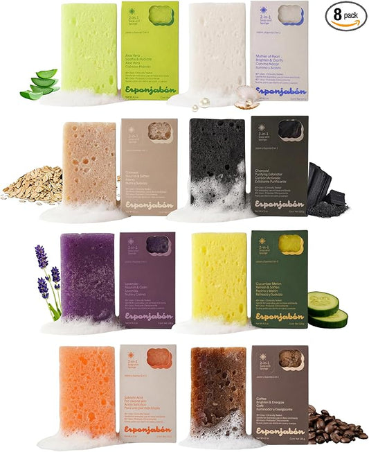 T.Taio Esponjabon Soap Sponge Variety Pack - Shower Scrubber - Bathroom Accessories - Mother of Pearl, Aloe Vera, Lavender, Charcoal, Cucumber-Melon, Oatmeal, Coffee, Pore-Cleansing (8 Pack)