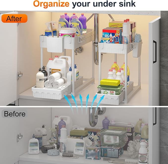 Sevenblue Under Sink Organizer, Bathroom Organizers and Storage, 2 Tier Multi-Use Pull Out Cabinet Organizer with Hang Hooks and Cups (White, 14.8 Inch)