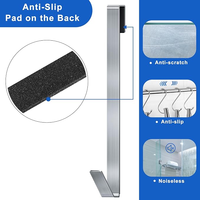 Shower Door Hooks 12 in, Shower Hooks for Towels, Heavy Duty Drilling-Free Extended Towel Hooks for Bathroom Frameless Glass Door, Over The Door Towel Hooks 3 Packs Silver