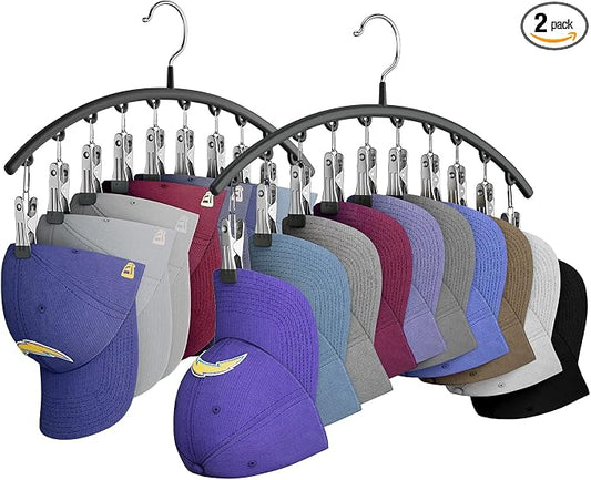 Yecuip Hat Hangers for Closet, Metal Hats Organizer Racks for Base Ball Caps 2 Pack Door Hats Racks for Baseball Cap with 10 Large Clips, Baseball Hat Holder for Closet Storage, Fits All Cap-Black
