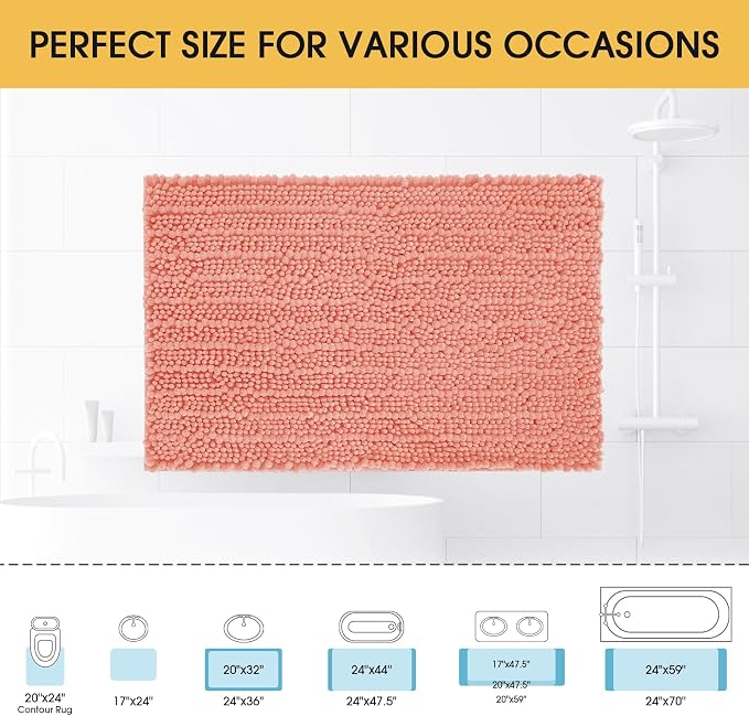 ACCUMTEK Upgrade Luxury Coral Bathroom Rug Mat 59"x20", Ultra Soft Thick Absorbent Bath Mats, Non Slip Chenille Toilet Mat for Bathroom, Bedroom, Kitchen, Shower, Tub