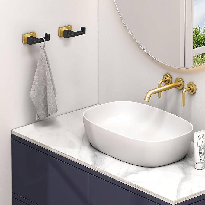 Angle Simple Towel Hook Black & Gold 2 PCS, Stainless Steel Double Hook for Bathroom, Square Robe Hook, Hand Towel Holder for Wall