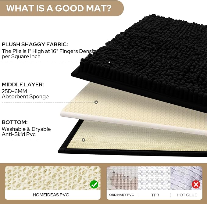 HOMEIDEAS Black Chenille Bathroom Rugs Set of 3, Non Slip Bath Mat | Super Absorbent, Soft Microfiber, Machine Washable, Stain Resistant, for Bathroom Decor