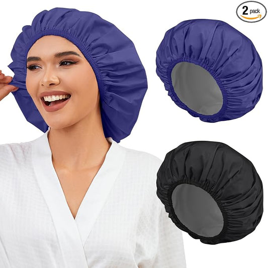2 Pack Shower Caps for Women, Reusable Waterproof Shower Cap with Elastic Band, Thickened Waterproof Fabric Shower Bonnet for Braids, Long Hair (Black and Blue)