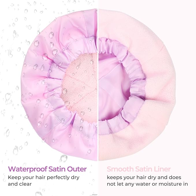 Shower Cap for Women Terry Lined Bath Cap Large Reusable Waterproof Elastic Band Pink Shower Caps for Long Thick Hair Soft Bath Shower Hair Caps