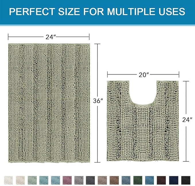 H.VERSAILTEX Bathroom Rug Sets 2 Piece Bath Mats Non Slip Thick Soft Chenille Striped Bath Rug achine Washable Shower Floor Rugs for Tub, Shower and Floor (Eucalyptus Green, 36"x24" Plus 20"x24" U)