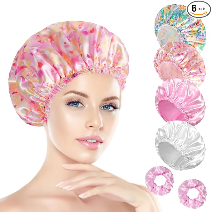 Shower Cap for Women Set of 4, Reusable Bath Caps + 2 Satin Hair Scrunchies | Double Layers, Waterproof Hair Caps, for Bath Accessories, Spa, Travel Home - Pattern B