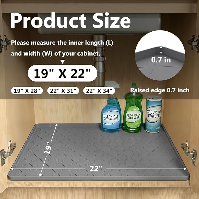 Mateeylife Under Sink Mats for Kitchen Waterproof 22"X19", Undersink Protectors，Silicone Mat Cabinet Liner, Under Sink Organizer for Bathroom and Kitchen，Boot Tray Pet Food Mat, Dark Grey
