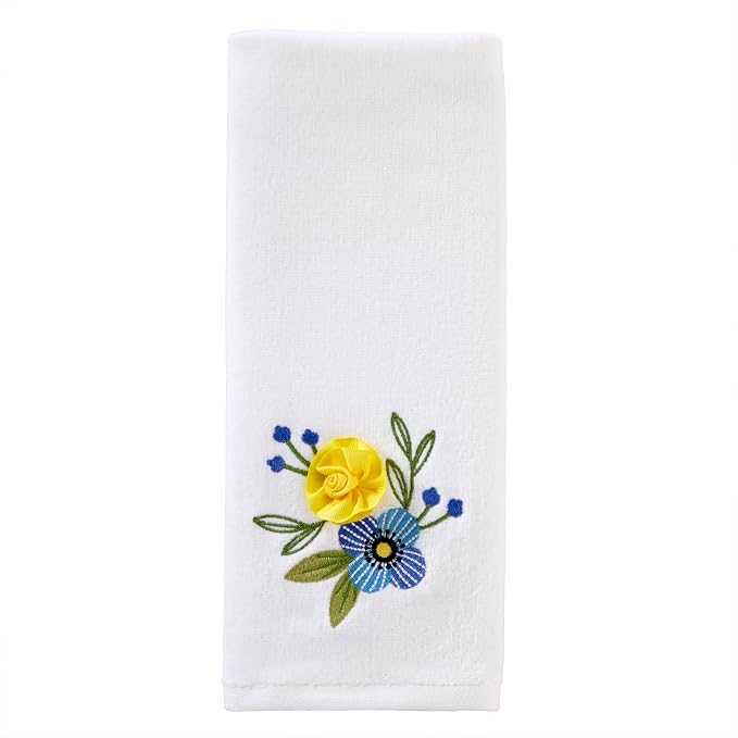 SKL Home Summer Floral Hand Towel Set-2pc, 100% Cotton, Embroidered, White | Soft velour with 3D embellishment. For use in the bathroom, kitchen, or any sink space & makes a great gift.