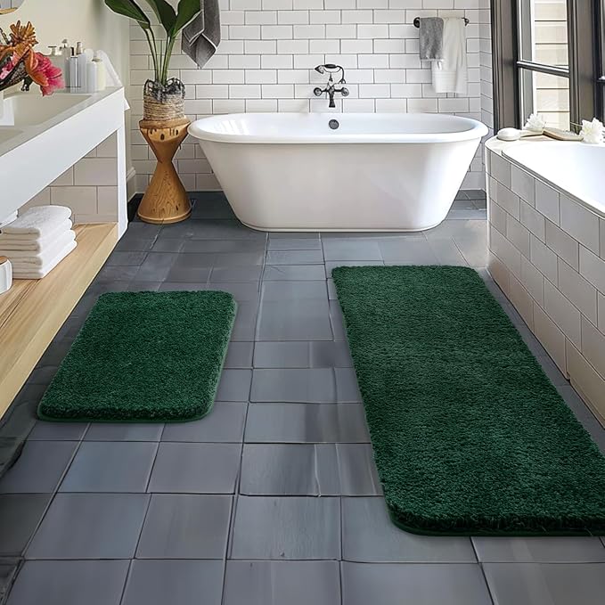MIULEE Dark Green Bathroom Rugs Set 2 Piece Soft Bath Mats 16x24+16x48 Inch | Soft Absorbent Microfiber Bath Rugs, Non Slip, Quick Dry, Fluffy Bath Rugs for Bathroom Floor Tub Showers, Machine Washable
