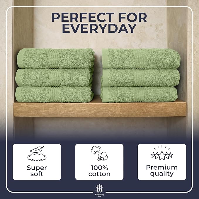Luxe 6-Piece Hand Towel Set – Soft & Absorbent Cotton, Hotel Quality, Quick-Drying, Easy Care, 16 x 28 in (Sage Green)
