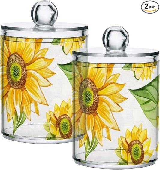 2 Pack Qtip Holder Dispenser for Cotton Ball Yellow Sunflower Flower Cotton Swab Cotton Round Pads Clear Plastic Acrylic Jar Set Bathroom Canister