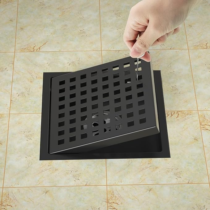 4 Inch Square Shower Drain Matte Black with Removable Quadrato Pattern Grate, SUS 304 Stainless Steel Floor Drain with Flange