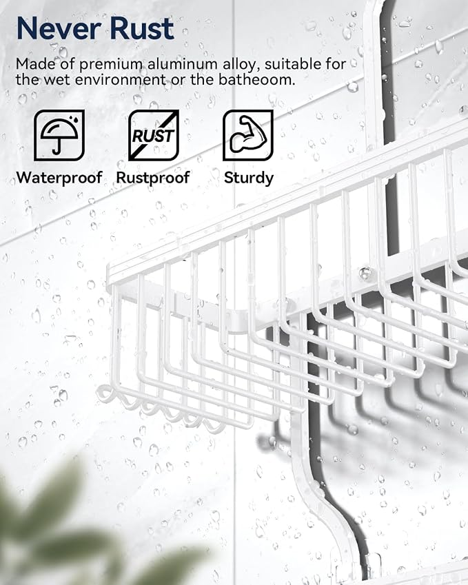 Never Rust Shower Caddy Hanging, Aluminum Shower Racks for Inside Shower, 3-Tier Shower Organizer Hanging Over Shower Head with Hooks and Soap Holder, White