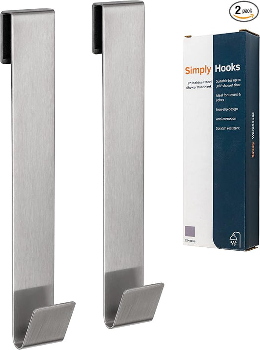 8" Shower Hooks, Silver, 2 Pack - Shower Towel & Door Hook for Frameless Glass Door (3/8" / 10mm)
