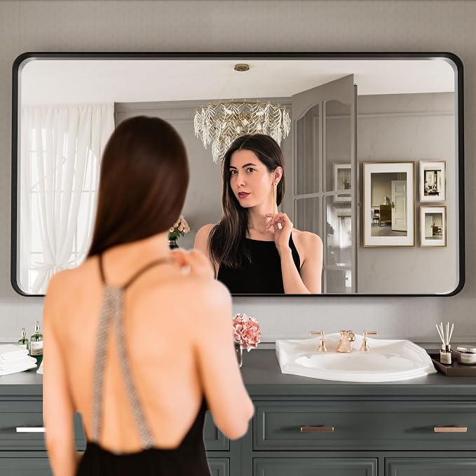 LOAAO Black Metal Framed Bathroom Mirror for Wall, Large 55X30 Inch Rounded Rectangle Mirror, Matte Black Bathroom Vanity Mirror Farmhouse, Anti-Rust, Tempered Glass, Hangs Horizontally or Vertically | Rounded Rectangle, Matte Black Bathroom Vanity Mir...