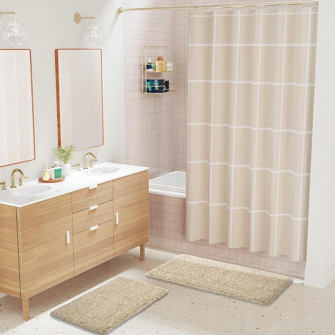 Yimobra Luxury Bathroom Rugs, Fluffy Bath Mats, Non Slip, Water Absorbent Microfiber, Machine Washable, Plush Runner Shower Rugs, Thick Matts for Bathroom Floor/Tub, 47" X 24", Light Beige and White