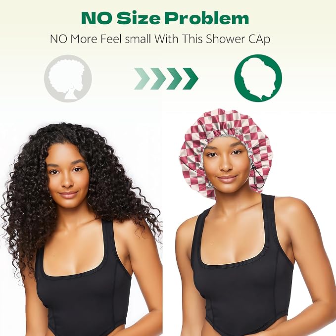 2 PCS Shower Cap Waterproof Double Layer Elastic Adjustable Reusable Hair Bath Caps for Girls Women Cute Aesthetic-Pink Black