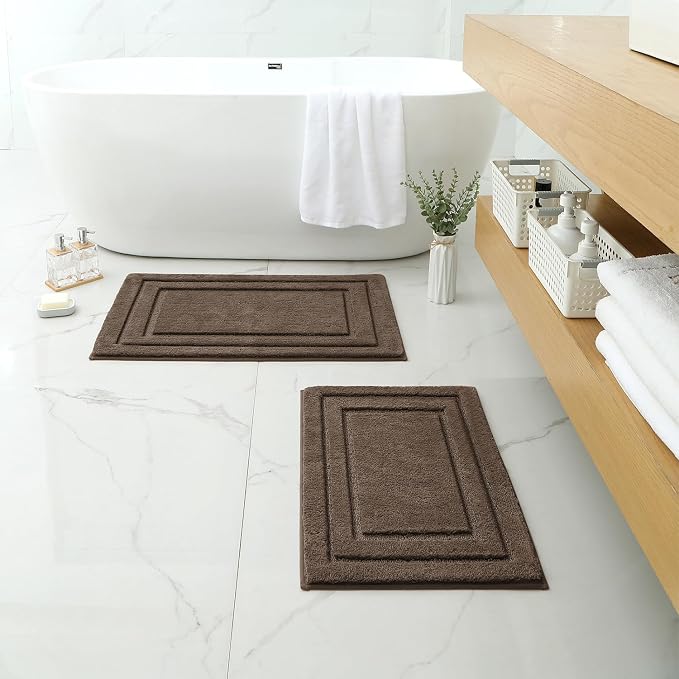 HOMEIDEAS Bathroom Rugs Sets 2 Piece, Super Soft and Absorbent Non Slip Microfiber Machine Washable Bath Mat Set (20" x 32" + 16" x 24", Brown) | Ultra Absorbent, Microfiber Machine Washable Bath Rug Set, for Bathroom, Tub, Shower 20" x 32" + 16" x 24"