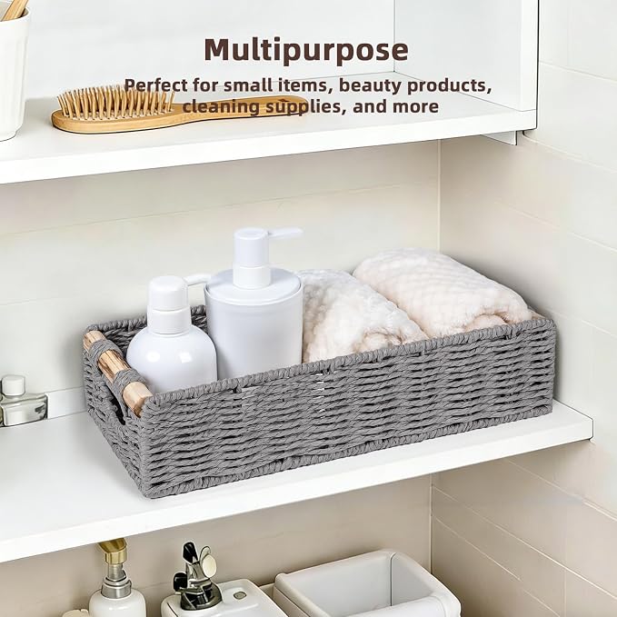 CubesLand Back of Toilet Storage Basket for Organizing w/Cut Out Handle, Handwoven Toilet Tank Top Paper Baskets, Wicker Decorative Basket for Countertop, Home Decor, Living Room, Nursery, Grey