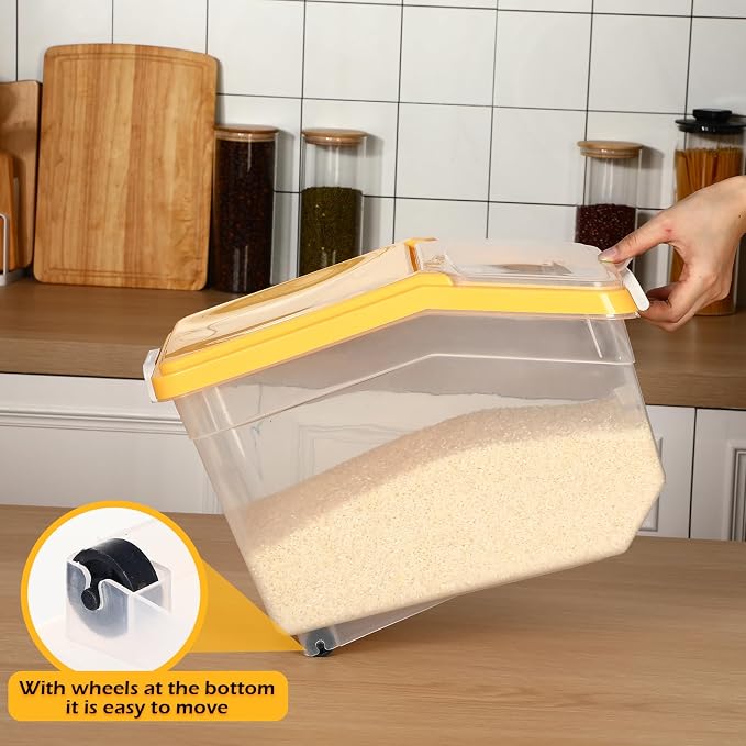 4 Pcs Rice Storage Container 28 lb Airtight Flour Container with Wheels Measuring Cup Clear Pet Dog Birds Cat Food Bin Grain Cereal Organizer Box for Dry Baking Supplies(Yellow Lid)